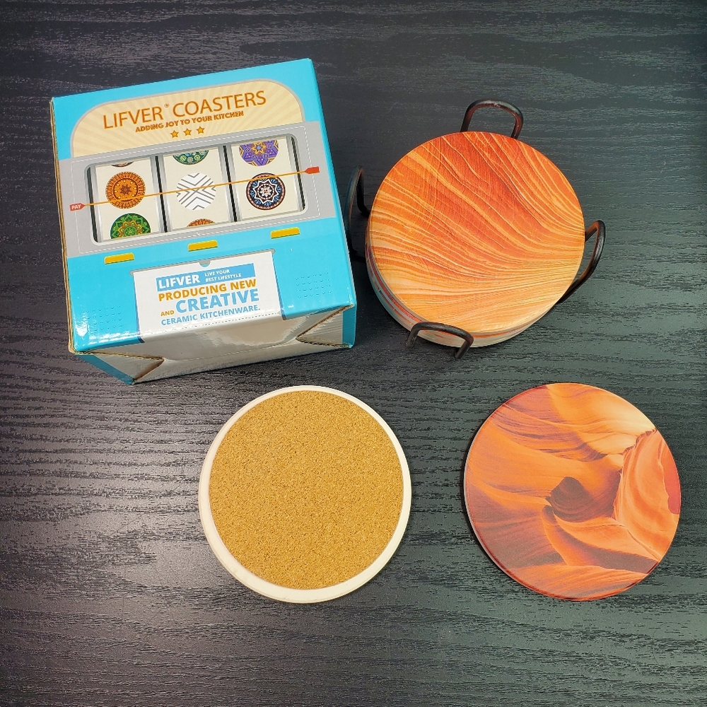 LIFVER Coasters with Stand, Set of 6 Absorbent Coasters with Cork Base t…